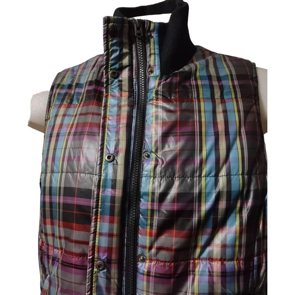 CJ Banks Vest Size X Woman's Plaid Puffer Full Zip With Covered Snap Zip Pockets